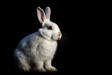 Portrait of cute white fluffy rabbit on a black background with copy space