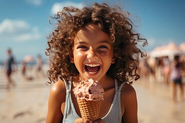 Happy little girl eating ice cream on a summer beach. Vacation concept.