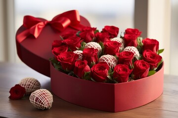 Elegant heart-shaped red gift box with delicious chocolates and red roses on wooden table. Valentine's Day 14th February celebration, love letter, romance date concept. Shallow depth of field.