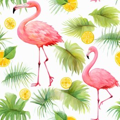 Seamless background with pink flamingo minimal detail minimalistic summer fresh lemon palm