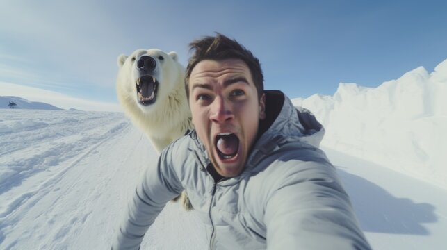 A male taking selfie with polar bear. The surprised man is running, Lion chasing the man. Wild animals.