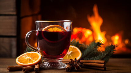 A Christmas glass of mulled wine decorated with a cinnamon stick and star anise on the background of a burning fireplace. Cozy evening mood of a country house.