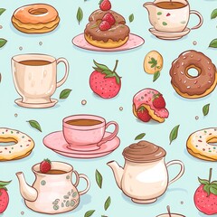 seamless background depicting: Tea Mug Teapot Template Backdrop Seamless Wallpaper Breakfast Donut Plant Repeating Herbal strawberry