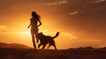 Silhouette of a woman running with her dog at golden hour, concept of companionship with pets and exercise