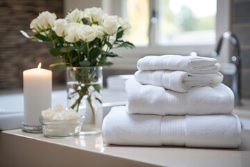 Fototapeta na wymiar Stack of White Towels on Bathroom Counter Generative AI