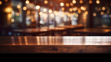 Warm Wooden Table in Cozy Cafe Interior: Vintage Rustic Decor with Blur of Coffee Shop Background - Perfect Space for Leisure, Relaxation, and Enjoying Espresso Moments.