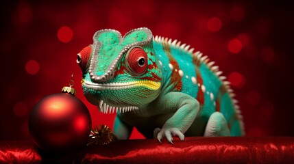 Christmas bauble and chameleon on a red background. 