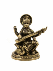brass statue of saraswathi, goddess of knowledge, art, music, nature and wisdom sitting on a lotus...
