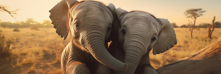 Closeup portrait of two adorable elephant cubs in african landscape looking at the camera. Ideal as web banner or in social media.
