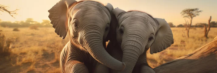 Naadloos Fotobehang Airtex Olifant Closeup portrait of two adorable elephant cubs in african landscape looking at the camera. Ideal as web banner or in social media.