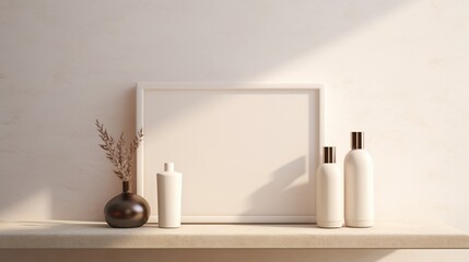 empty white frame with empty skin care products
