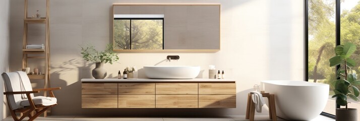Luxurious Modern Bathroom with a Large Mirror and Sink Generative AI