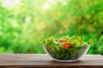 Full bowl of fresh salad on a wooden table against the background blur green leaves bokeh. generative ai.