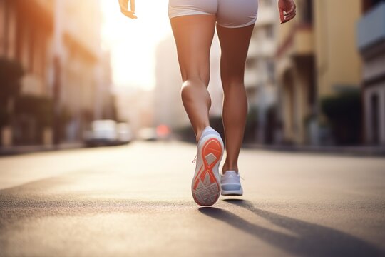 image of the legs of a woman running down the street exercising