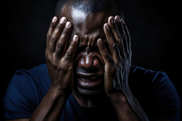 Desperate black man is crying and screaming against dark background. Suffering from depression and headaches. Negative emotions