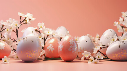 Obraz na płótnie Canvas Traditional painted easter eggs and flowers against pastel peach color background