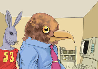 A rabbit and a bird anthropomorphic characters in a room with vintage technology. Digital illustration 