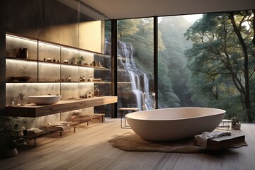 Luxurious Modern Bathroom with a Large Tub and Waterfall Generative AI