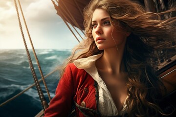 female ship captain on a sea trip - obrazy, fototapety, plakaty