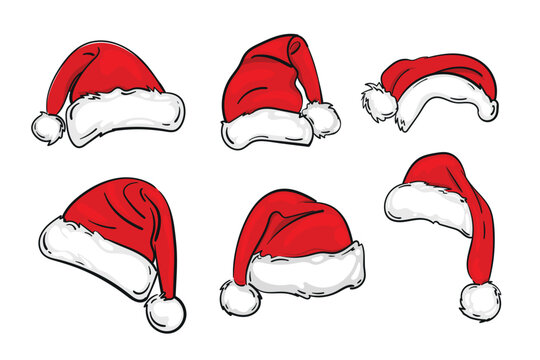 Santa red hats with white fur and ink sketch set. Isolated Christmas holiday vector decoration illustration. For logos, advertising, flyers. etc.