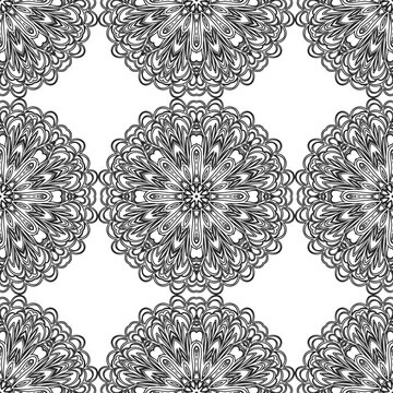 Monochrome ornamental texture with smooth linear shapes, lines, lace pattern. Abstract geometric black and white pattern for web page, textures, card, poster, fabric, textile.