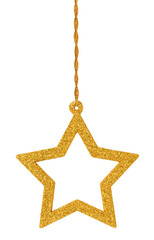 Hanging golden glittering star isolated on transparent background