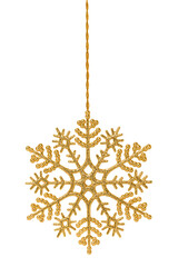 Hanging golden glitter snowflake isolated on transparent background