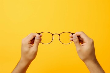 Photo of pretty intelligent minded person arm touch eyeglasses look empty space isolated on yellow...