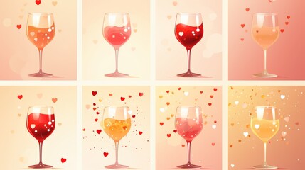 Drawn images of wine glasses with colorful sparkling drinks with heart shaped sparks and bubbles on pastel background. Concept of Valentine's Day, 14th February, love, romance date. Mockup.