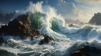 A dynamic ocean scene, featuring waves crashing against rugged cliffs, as sea spray fills the air,...