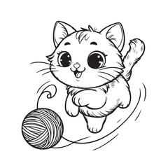a playful cat chasing a yarn ball with a mischievous expression for the coloring book page