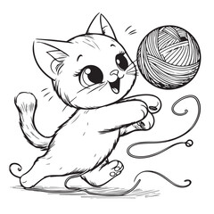 a playful cat chasing a yarn ball with a mischievous expression for the coloring book page