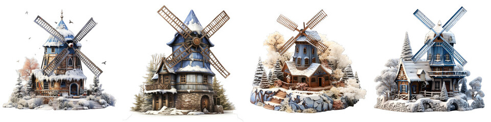Fototapeta na wymiar Snow covered windmill Hyperrealistic Highly Detailed Isolated On Transparent Background Png File