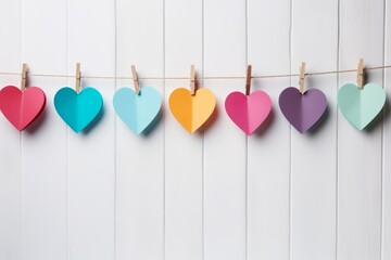 Handmade garland with rainbow colored paper hearts on a light pink background. Concept of Valentine's day, LGBTQ, love and pride. Mockup with copy space. Flat lay, top view.