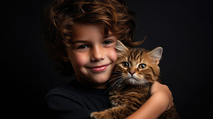 Adorable curly-haired boy and his furry domestic kitty cat friend. Close-up portrait on dark backdrop.