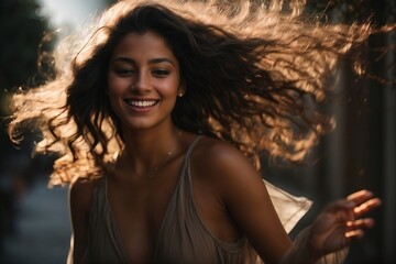 A diverse and unique depiction of a joyful brunette woman, her fingers delicately running through her luscious locks, the play of light and shadow creating a mesmerizing chiaroscuro effect.