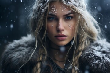 beautiful young viking in the snow - obrazy, fototapety, plakaty