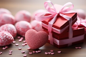 Elegant gift boxes with pink ribbon and delicious heart-shaped chocolates on wooden table. Valentine's Day 14th February celebration, love letter, romance date concept. Shallow depth of field.