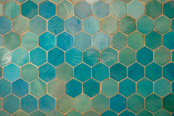 Blue tiles background. Blue hexagonal tile wall.