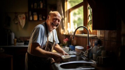 Smiling senior man in apron washing dishes in the kitchen - obrazy, fototapety, plakaty