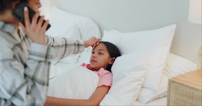 Mother, phone call and sick child in bed for fever, infection or illness in healthcare, support or advice at home. Mom talking in Telehealth with ill kid or girl in bedroom with virus or cold flu