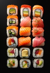 Top view of set of sushi on black background.