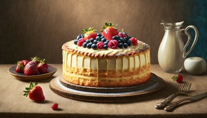 Photograph of a cake, strawberry, fambruesa, cake on a table