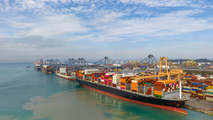 Fototapeta premium Aerial view container cargo maritime ship freight shipping by container cargo ship, Global business import export commercial trade logistic container cargo freight shipping.