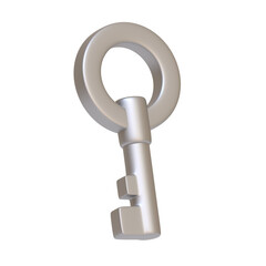 Silver key isolated on white background. 3D icon, sign and symbol. Cartoon minimal style. 3D Render Illustration