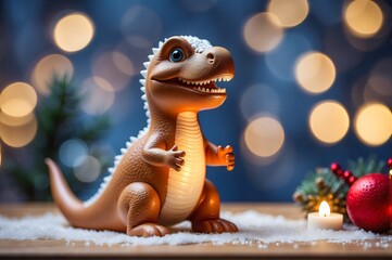 dinosaur toy On Table With Decoration And String Lights, Bokeh And Glittering Effect On Background,
