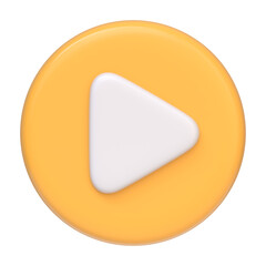 Yellow round play button isolated on white background. 3D icon, sign and symbol. Cartoon minimal style. Front view. 3D Render Illustration