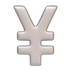 Silver yen sign isolated on white background. 3D icon, sign and symbol. Cartoon minimal style. Front view. 3D Render Illustration