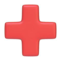 Obraz premium Red plus sign isolated on white background. 3D icon, sign and symbol. Cartoon minimal style. Front view. 3D Render Illustration