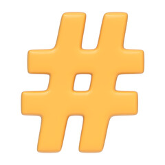 Yellow hashtag symbol isolated on white background. 3D icon, sign and symbol. Cartoon minimal style. Front view. 3D Render Illustration